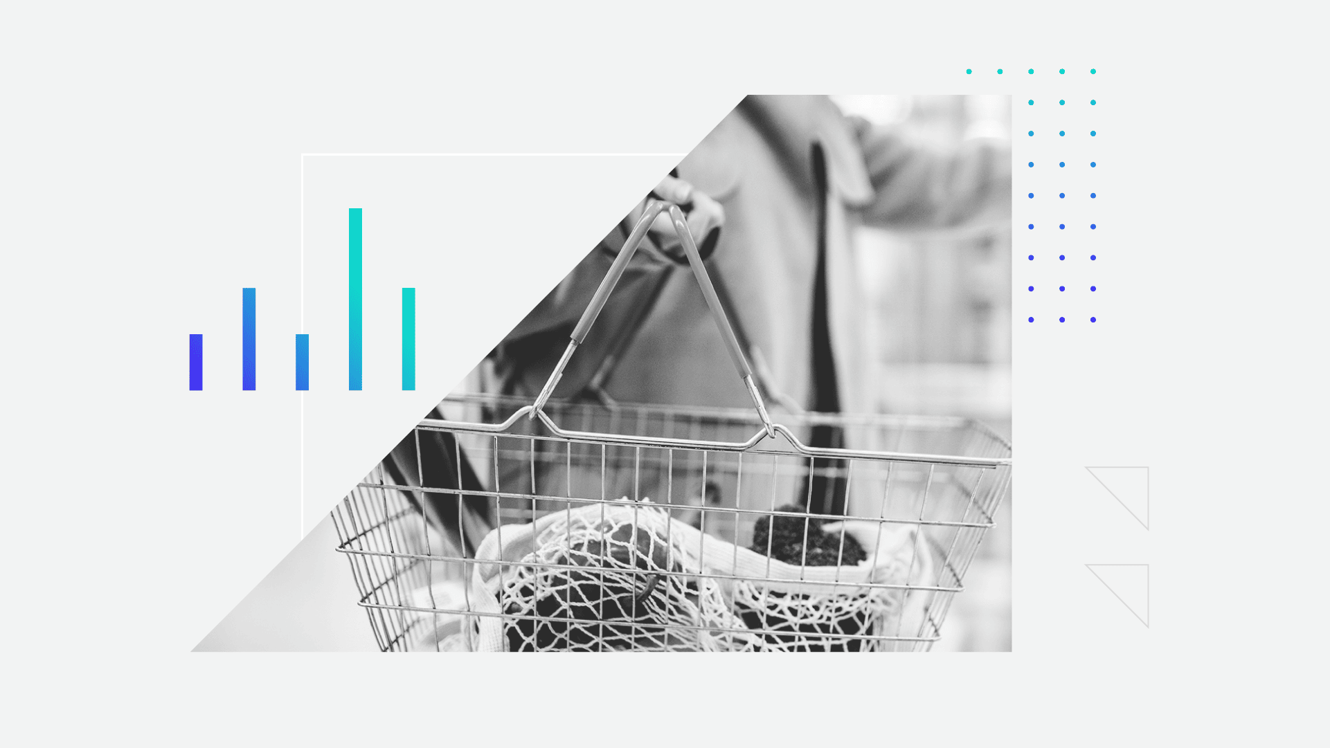 Graphic featuring shopper holding a grocery basket with food items